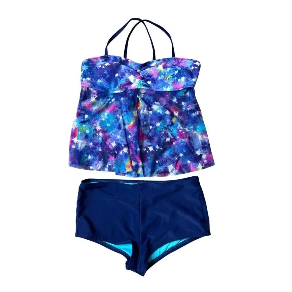 Wonder Nation‎ Deep Cobalt Galaxy Mesh Swimsuit 2pc Swimwear Blue LARGE (10-12)